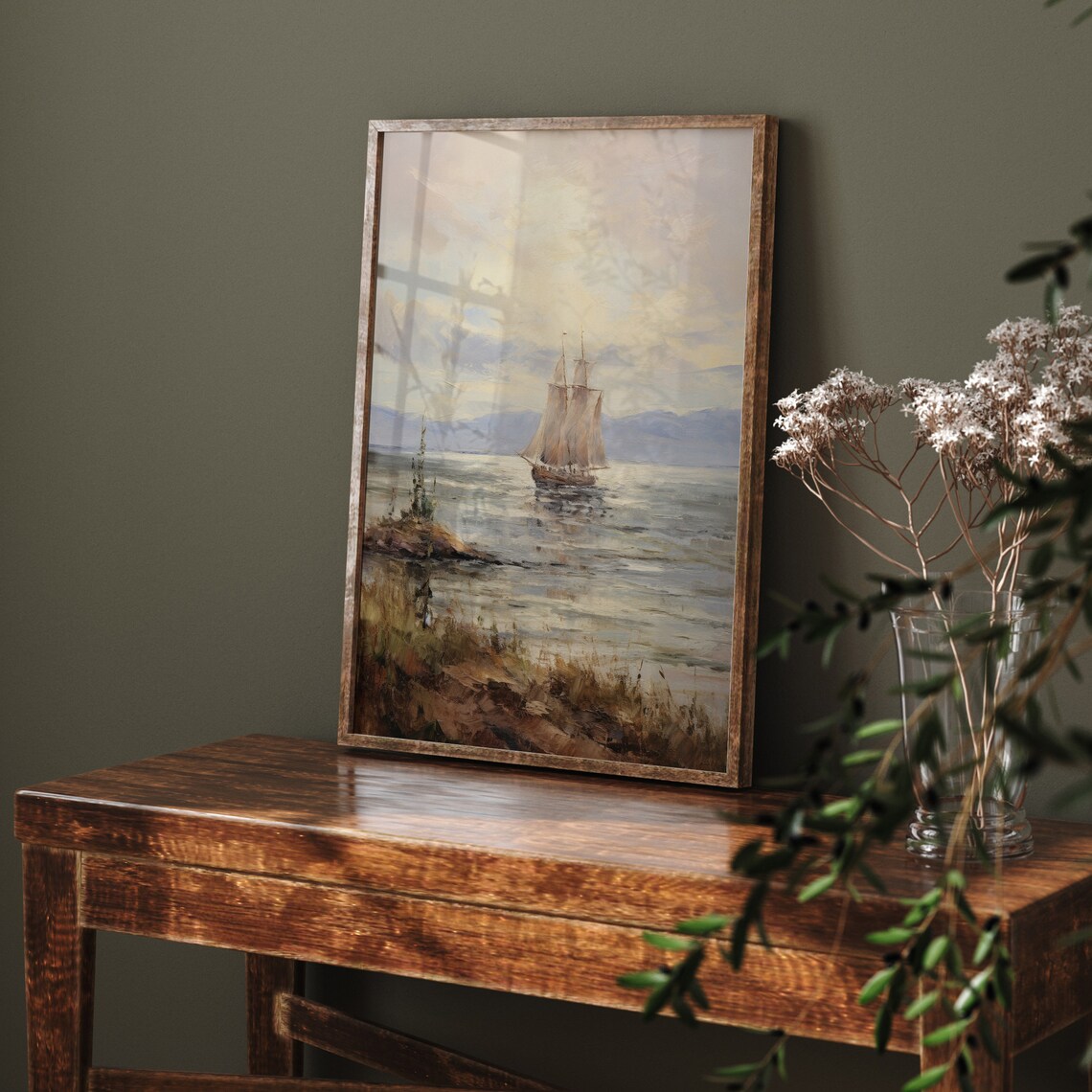 Tall Sailboat on Calm Sunlit Water Vintage Maritime Seascape Oil Poster - Image 2