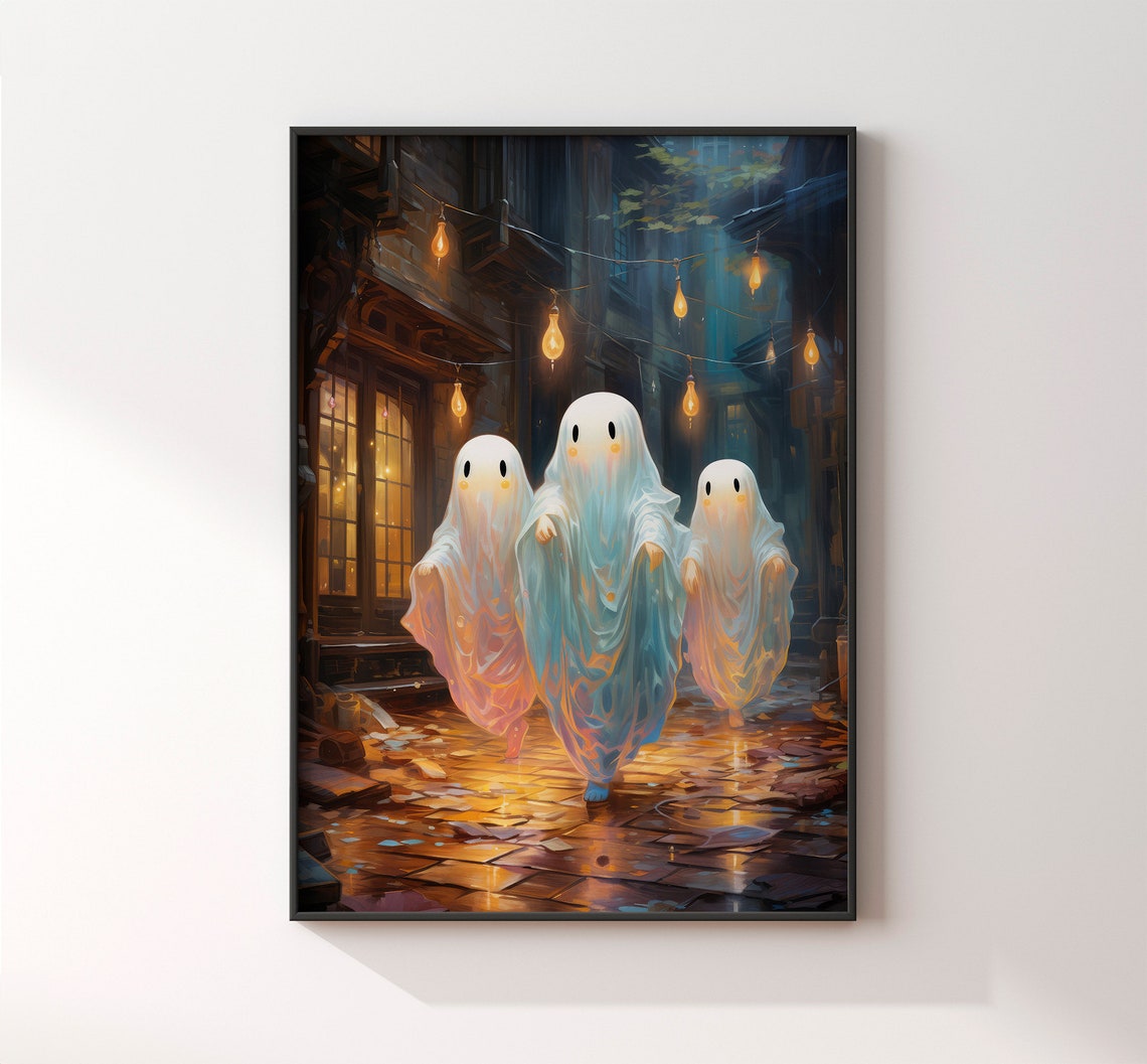Three Cute Ghosts on a Lantern Lit Cobblestone Street Halloween Poster - Image 4