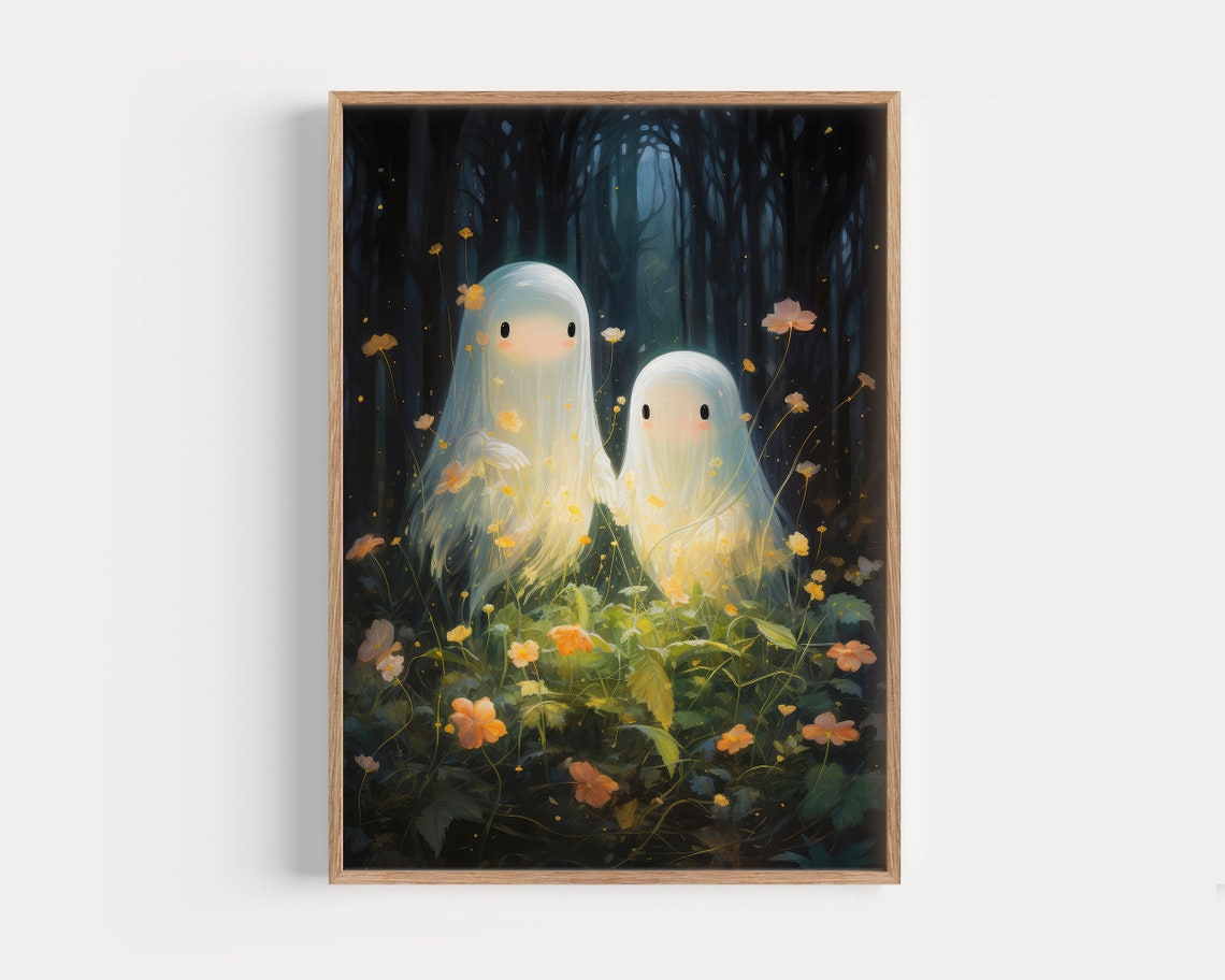 Two Glowing Ghosts In A Dark Mystic Flower Forest Halloween Poster - Image 2