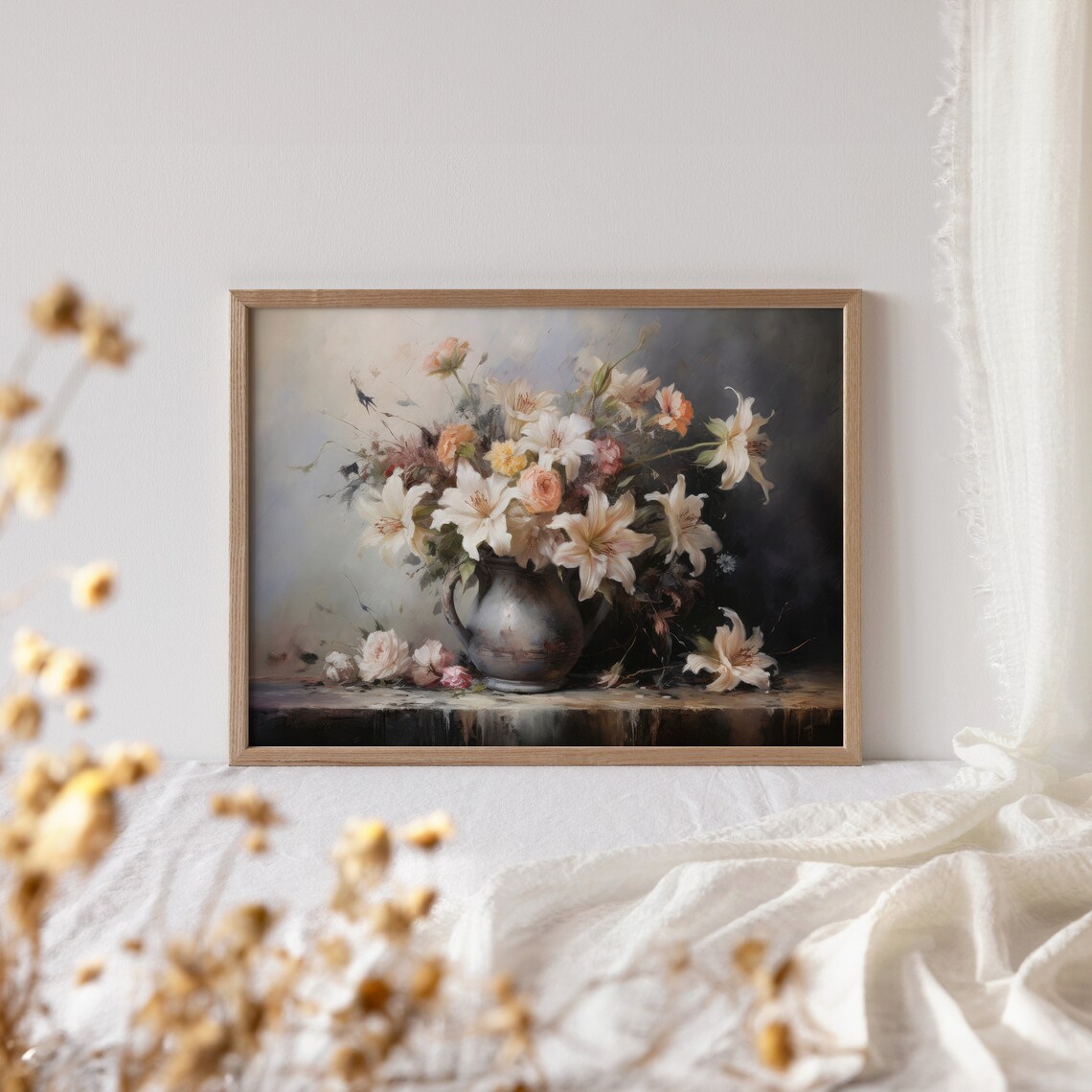 White Lily Bouquet In Antique Vase Moody Floral Painting Poster - Image 4