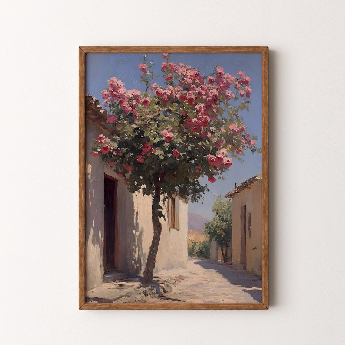 Blooming Rose Tree Mediterranean Street Sunlit Village Scene Poster