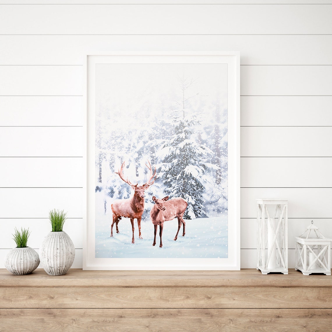 Stag and Doe Deer Pair Snowy Winter Forest Wildlife Scene Poster - Image 3
