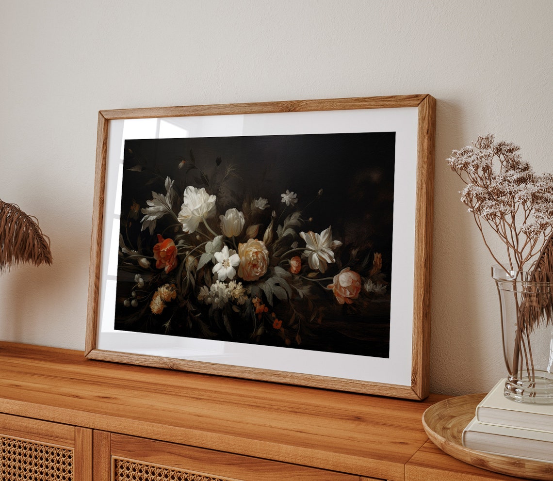 Moody Vintage Flower Print Dark Floral Still Life Oil Painting Antique Botanical Oil Painting Wall Art - Image 2