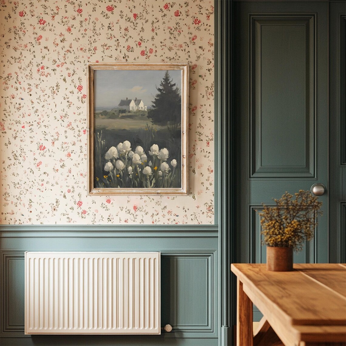 Coastal Cottages With White Tulips Vintage Seaside Landscape Painting Poster - Image 3