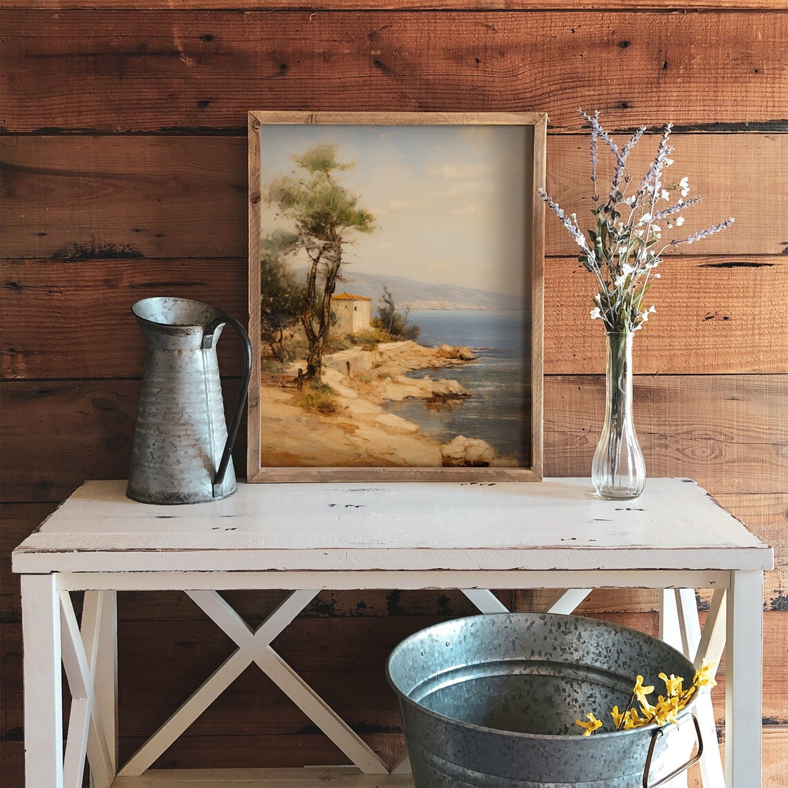 Coastal Path with Pine Trees and Stone Cottage Blue Sea Vintage Art Poster - Image 3