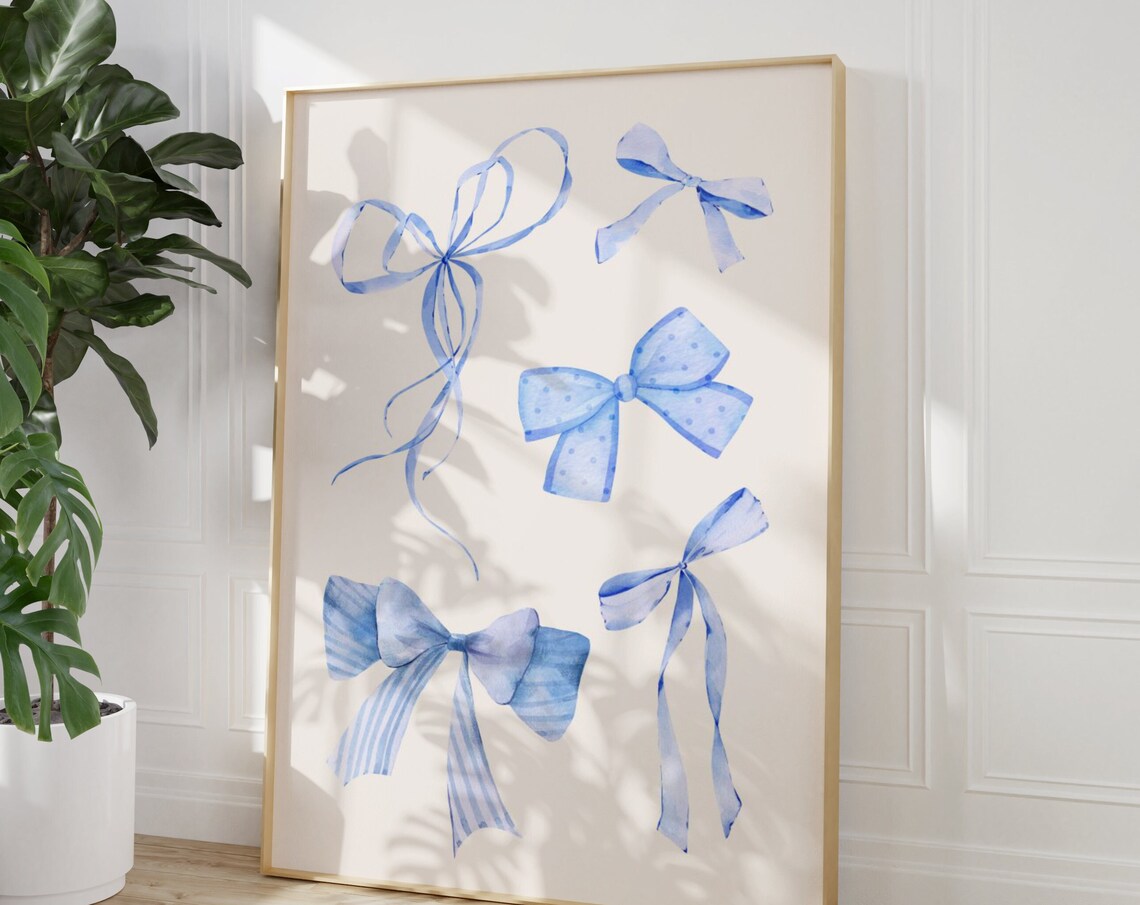 Blue Watercolor Bow Collage Preppy Cute Coquette Girly Wall Art - Image 3