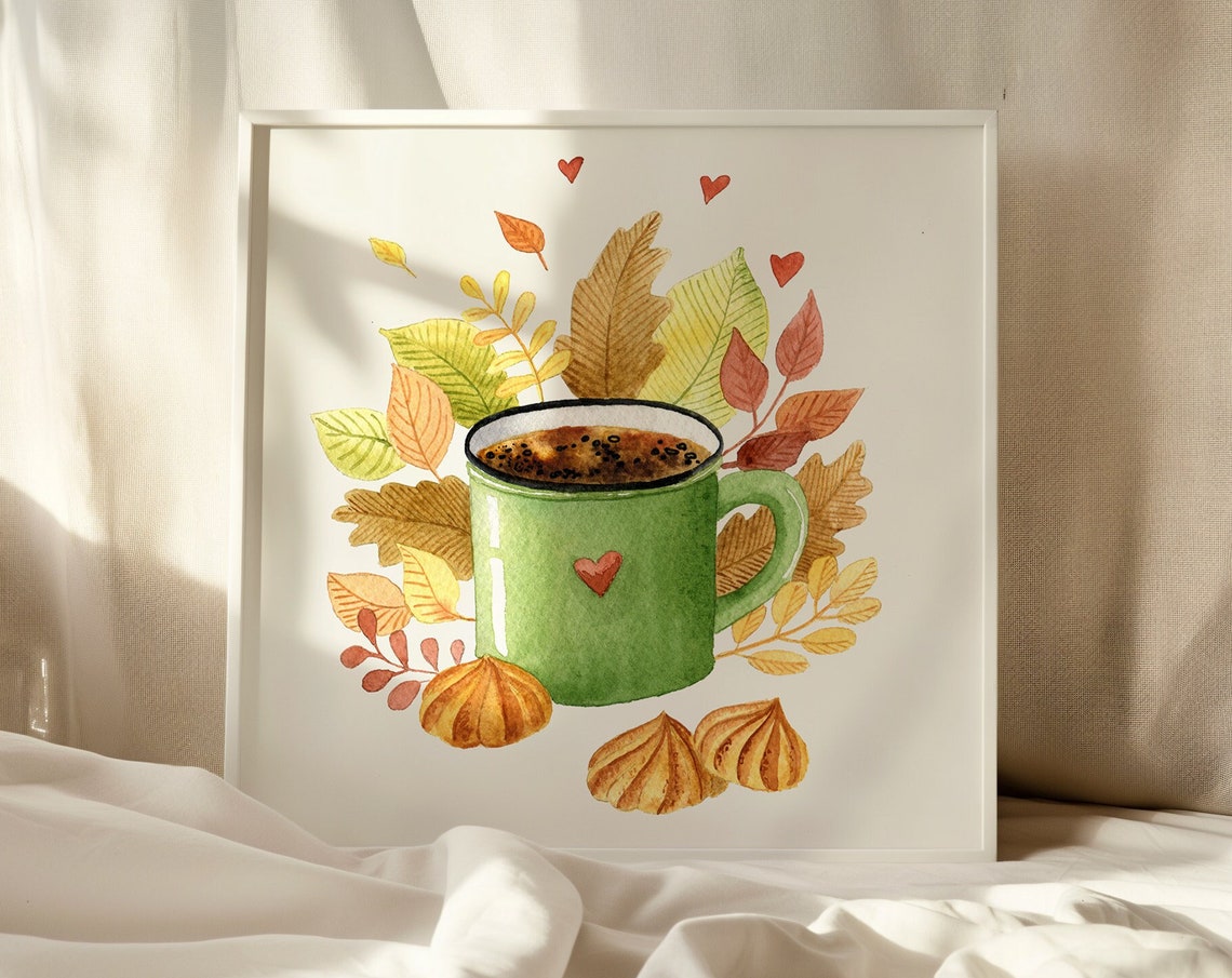 Green Cocoa Mug With Fall Leaves Watercolor Cozy Kitchen Poster