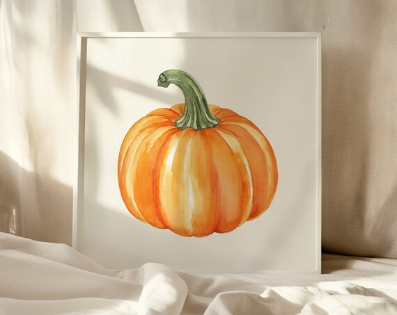 Round Watercolor Pumpkin With Curled Green Stem Fall Art Poster