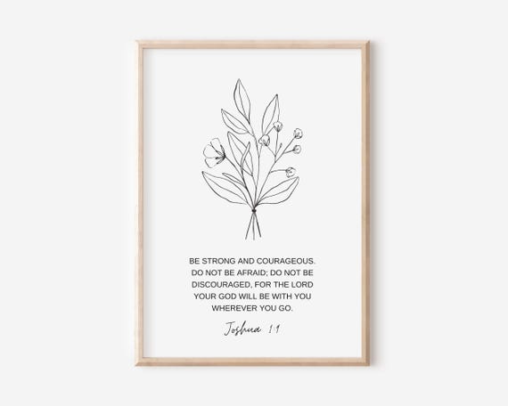 Joshua 19 Be Strong And Courageous Bible Verse Wall Art Christian Gift Scripture Print Minimalist Decor Black White Nursery Line