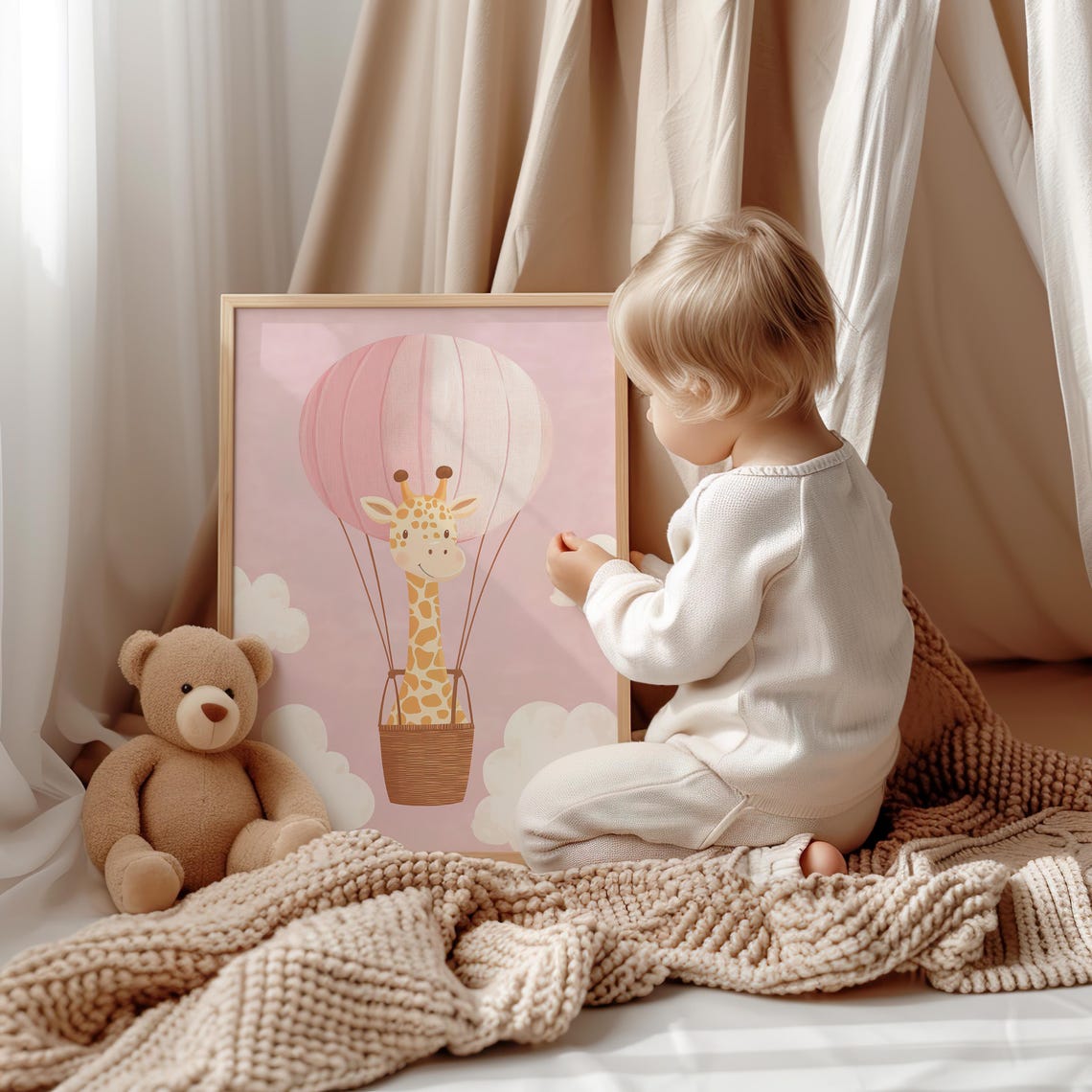 Adorable Giraffe Floating in a Pink Hot Air Balloon Nursery Poster - Image 5
