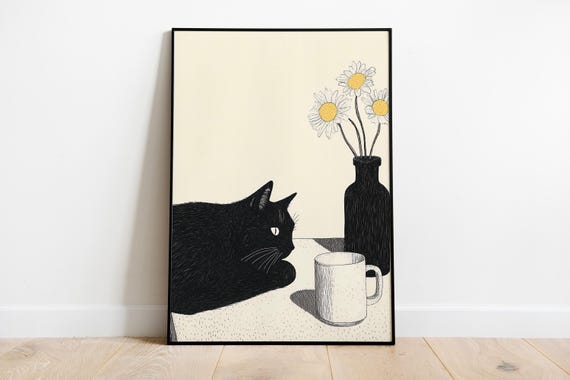 Black Cat Kitchen Print Vintage Illustration Animal Home Decor