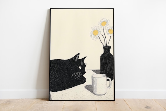 Black Cat Still Life With Daisies Vase And Mug Modern Art Poster