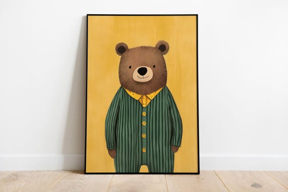 Bear Nursery Print Striped Pajamas Kids Room Decor