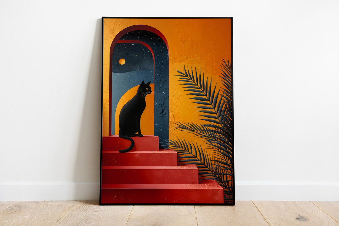 Black Cat Sitting on Red Stairs with Starry Archway Boho Poster