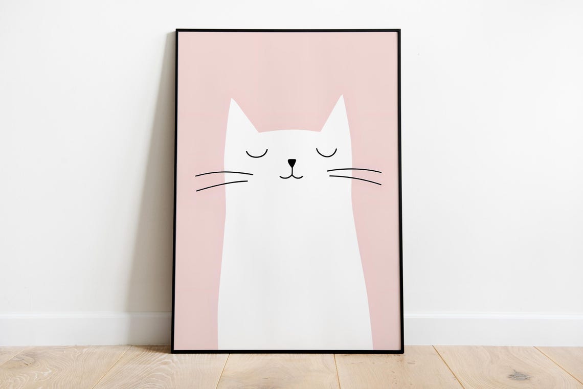Cute Minimalist Sleeping White Cat Blush Pink Nursery Poster