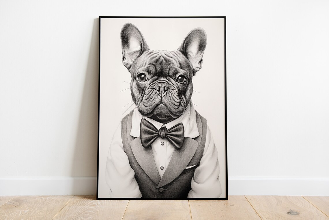 Elegant French Bulldog Sketch Art Print, Dapper Dog