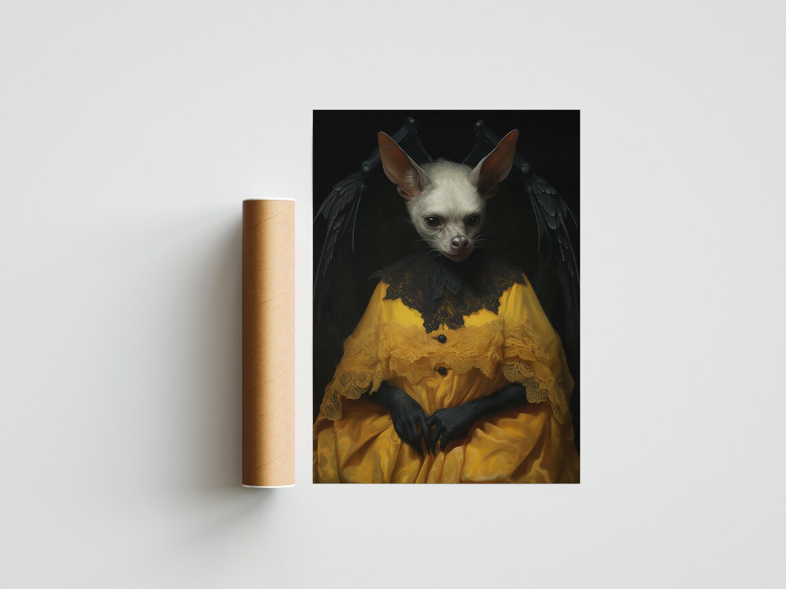 Albino Bat in a Yellow Lace Dress Dark Gothic Portrait Poster - Image 2