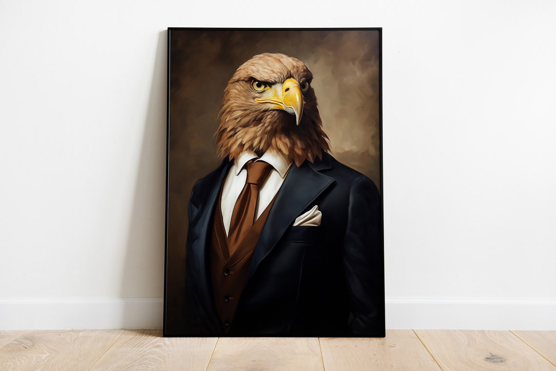 Dressed Eagle Portrait Oil Painting Suit And Tie Animal Wall Art