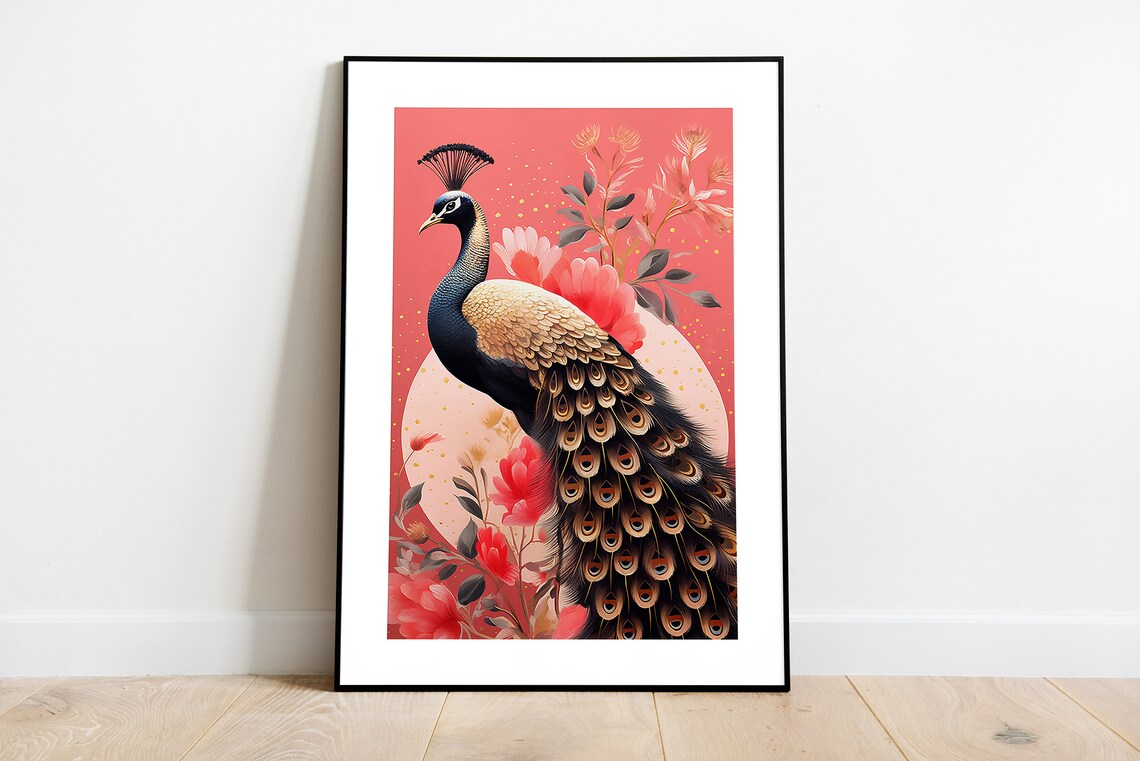 Elegant Peacock on Coral Pink Background with Floral Blooms Poster