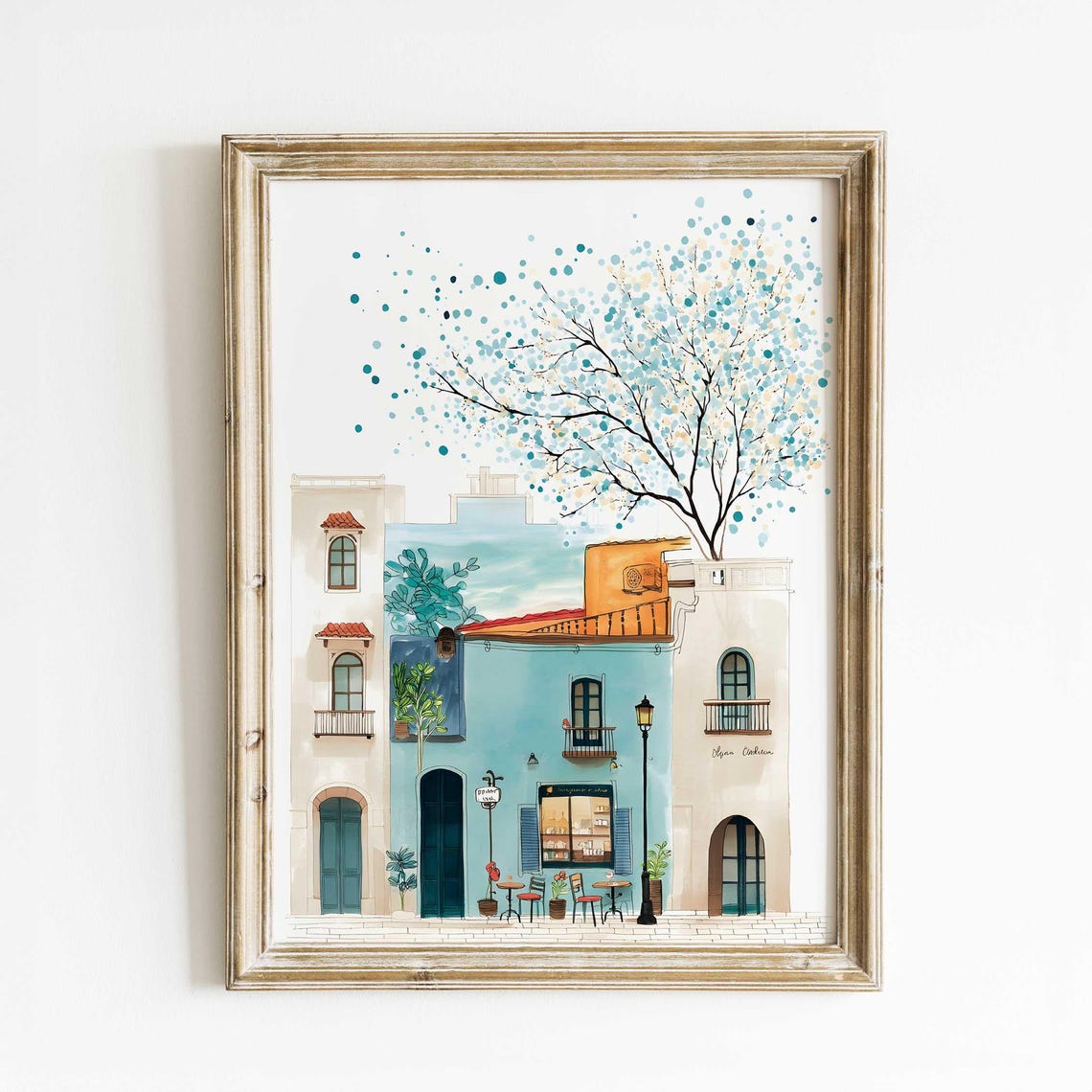 Blue Mediterranean Cafe Blossom Tree European Street Watercolor Poster