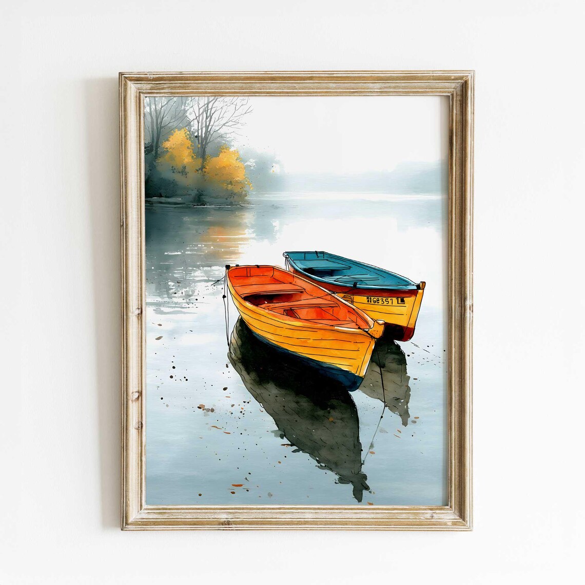Two Rowboats on Misty Autumn Lake Calm Watercolor Art Poster