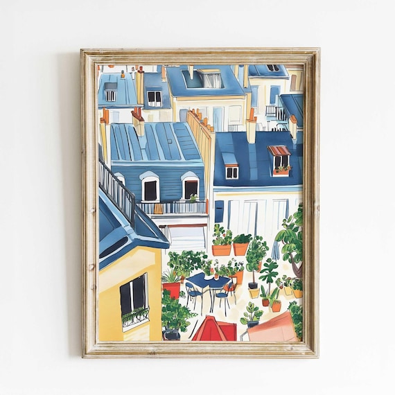 Paris Rooftop Garden Watercolor Art Lush Terrace With City View Poster