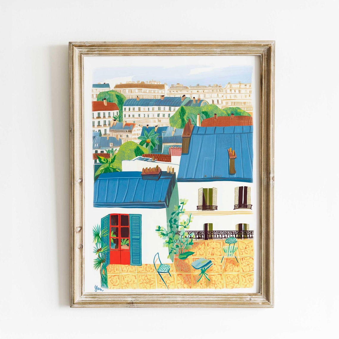 Parisian Rooftop Garden Watercolor Poster with Charming Balcony View