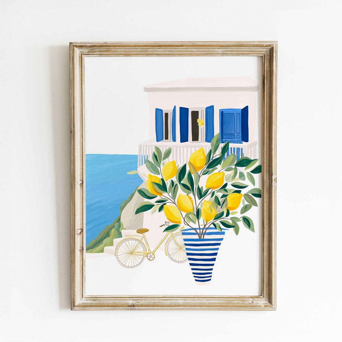 Mediterranean Lemon Terrace Poster with Coastal Villa and Bicycle