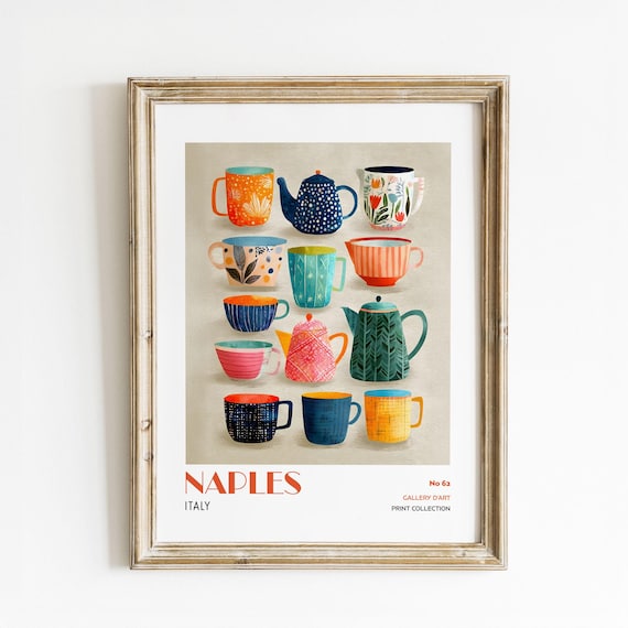Naples Italy Teapot And Teacup Collection Watercolor Kitchen Poster