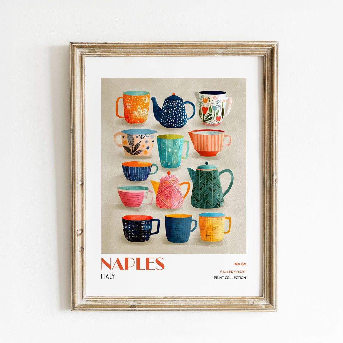 Naples Italy Teapot And Teacup Collection Watercolor Kitchen Poster