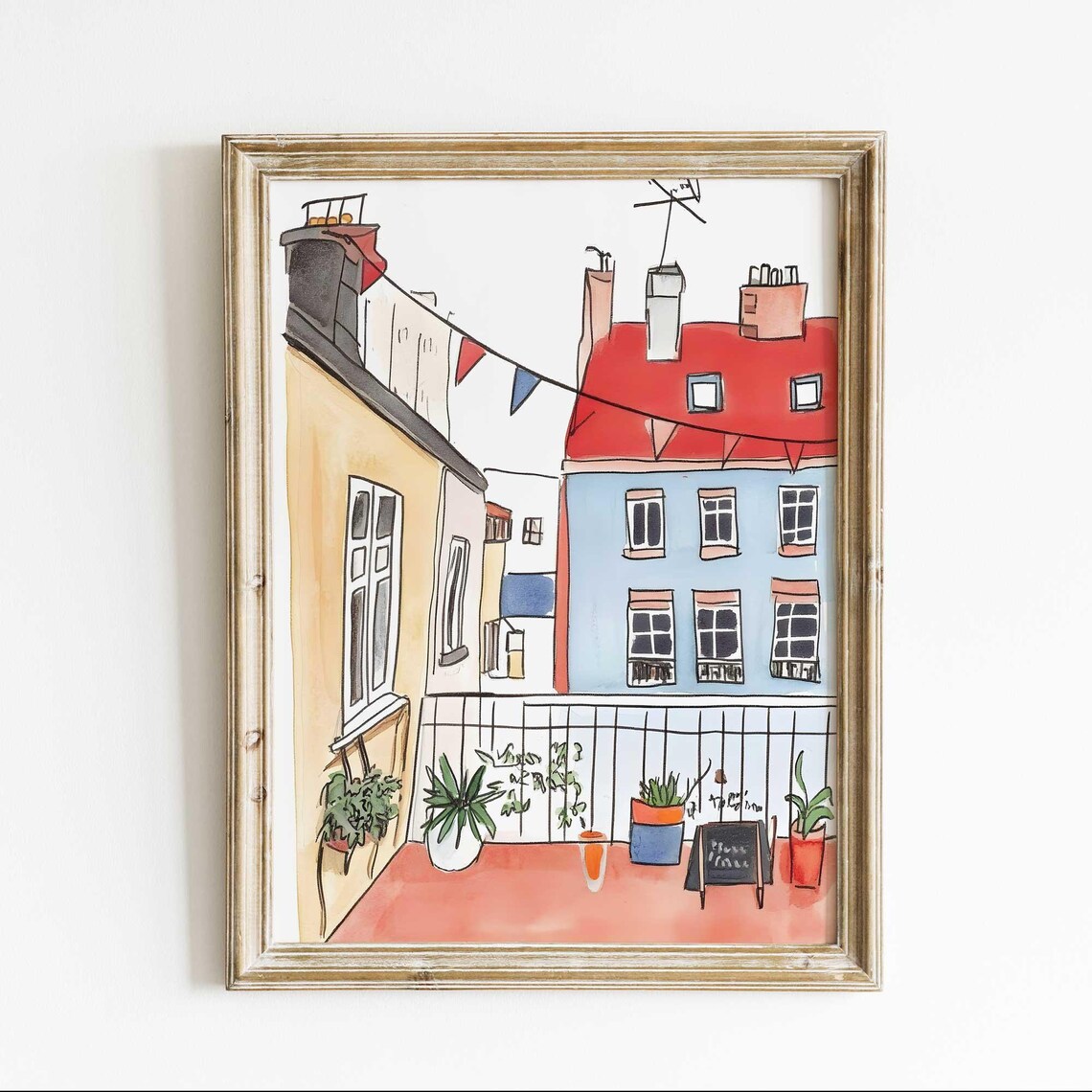 European Terrace Balcony Watercolor Poster Cozy Red Roof Courtyard