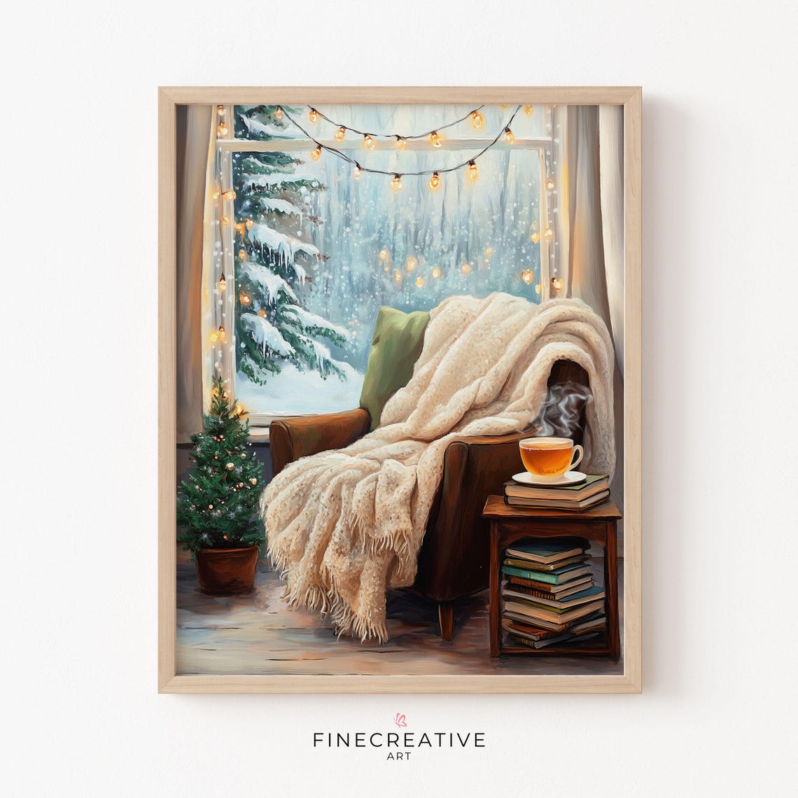 Cozy Reading Corner With Fairy Lights By Window Scene Poster