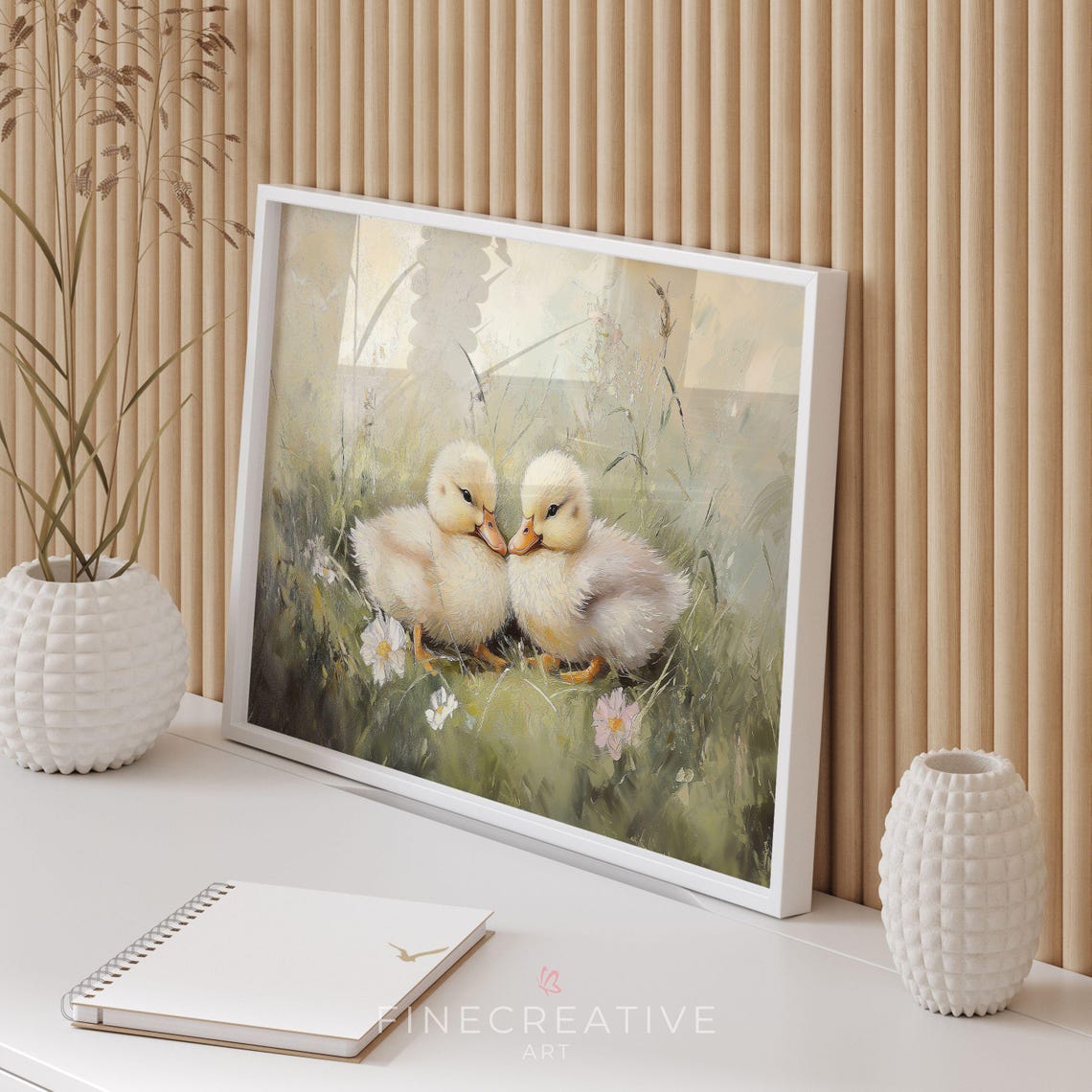 Two Baby Ducklings Cuddling In Spring Wildflower Grass Print - Image 3