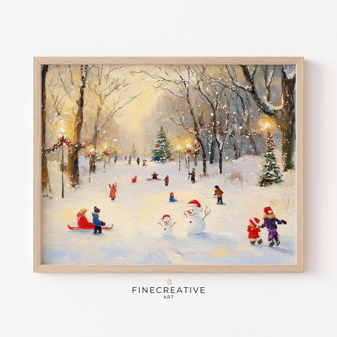 Children Playing And Sledding In Snowy Village Park Scene Poster