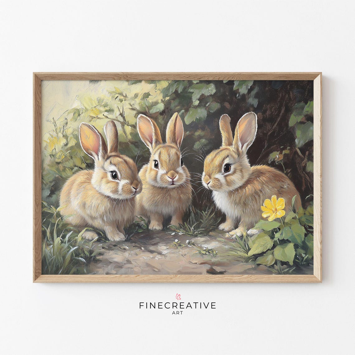 Three Fluffy Baby Bunnies Among Leaves Easter Spring Rabbit Print
