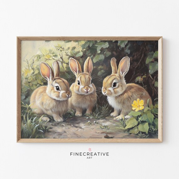 Three Fluffy Baby Bunnies Among Leaves Easter Spring Rabbit Print