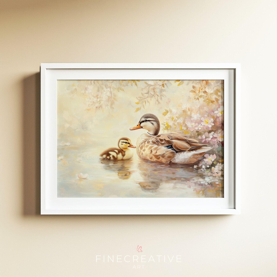 Mother Duck And Duckling Spring Blossom Pond Watercolor Print - Image 4