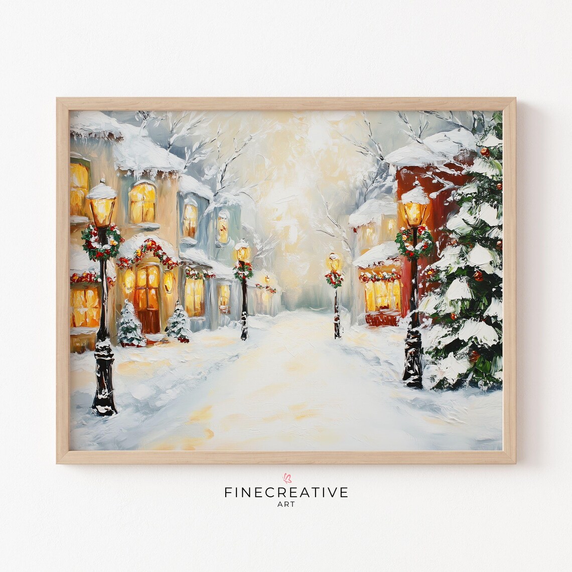 Snowy Christmas Village Street Lamppost Wreath Oil Painting Poster