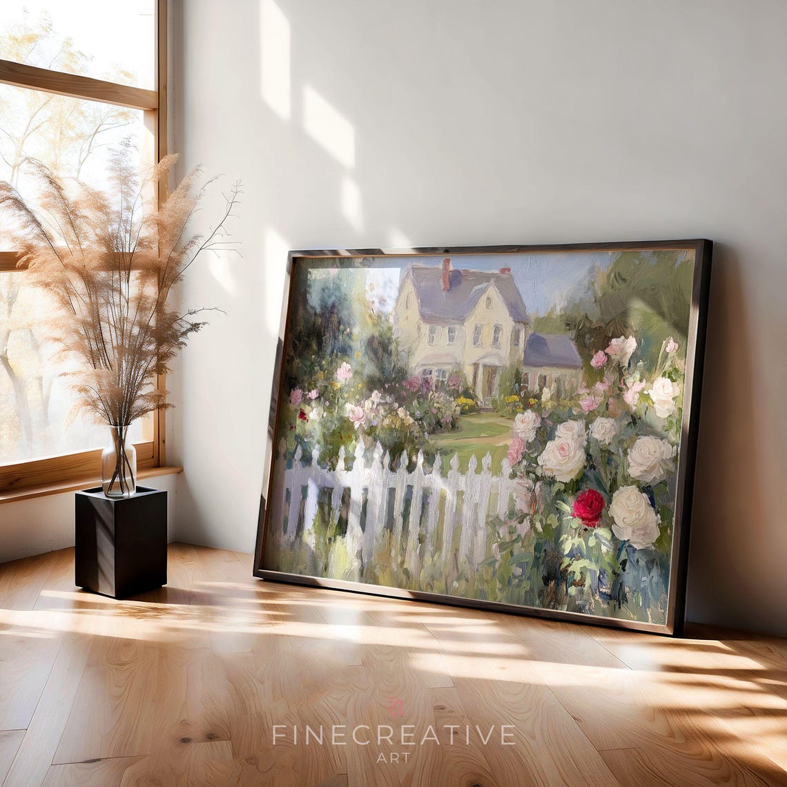 Charming Cottage With White Picket Fence And Rose Garden Print - Image 3