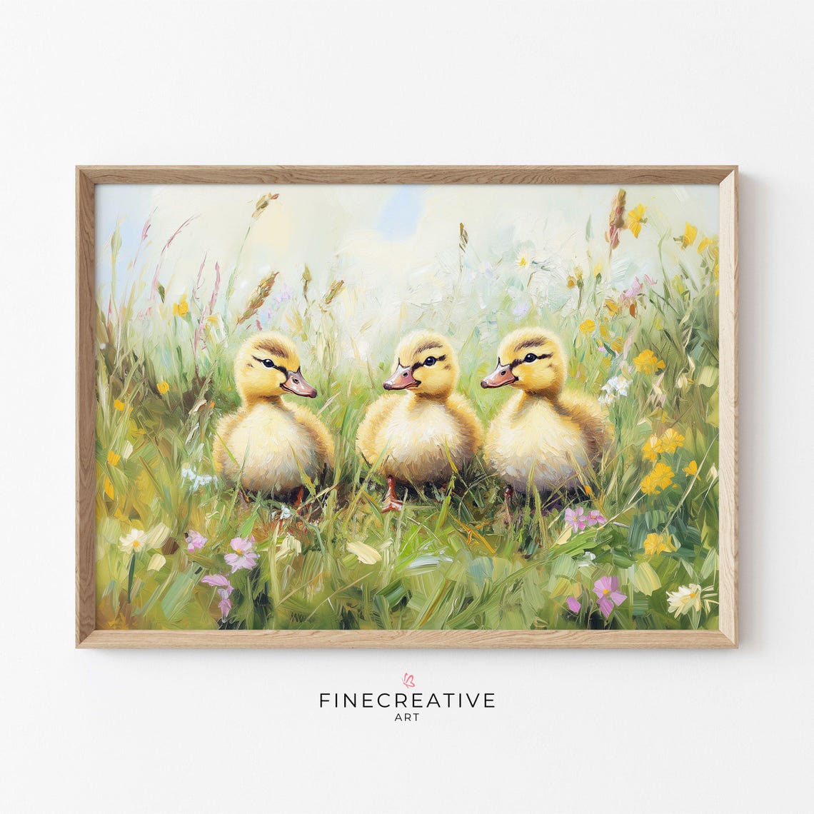 Three Ducklings In Wildflower Meadow Spring Cute Baby Duck Print