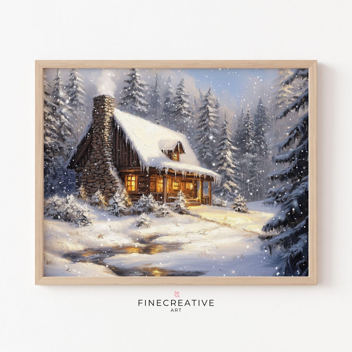 Snowy Log Cabin With Stone Chimney In Pine Forest Scene Poster