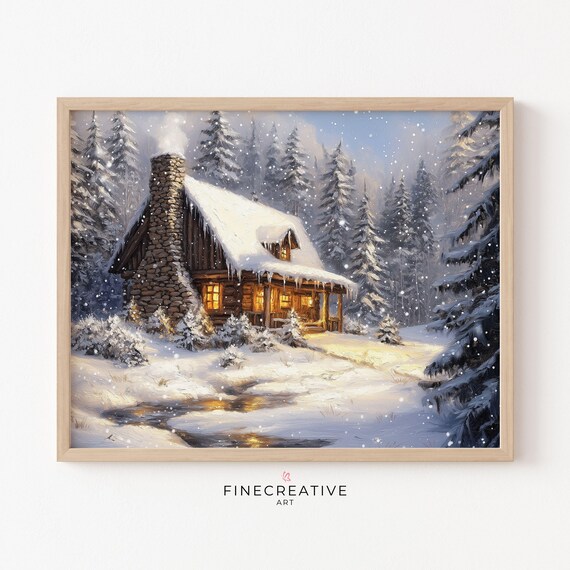 Snowy Log Cabin With Stone Chimney In Pine Forest Scene Poster