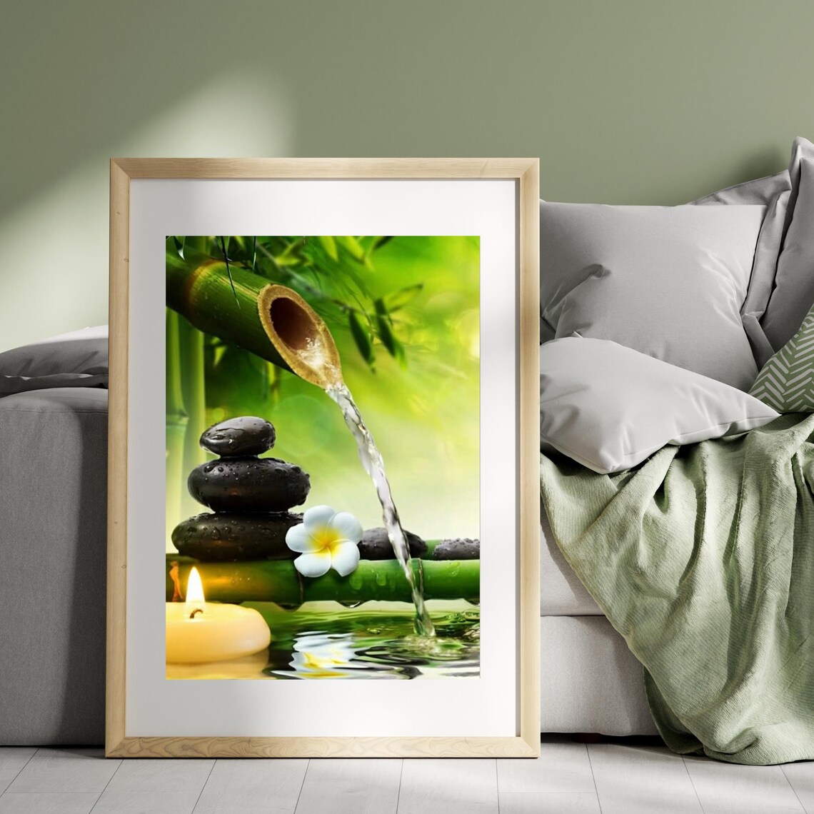 Bamboo Water Fountain Over Zen Stones Candle Spa Still Life Poster
