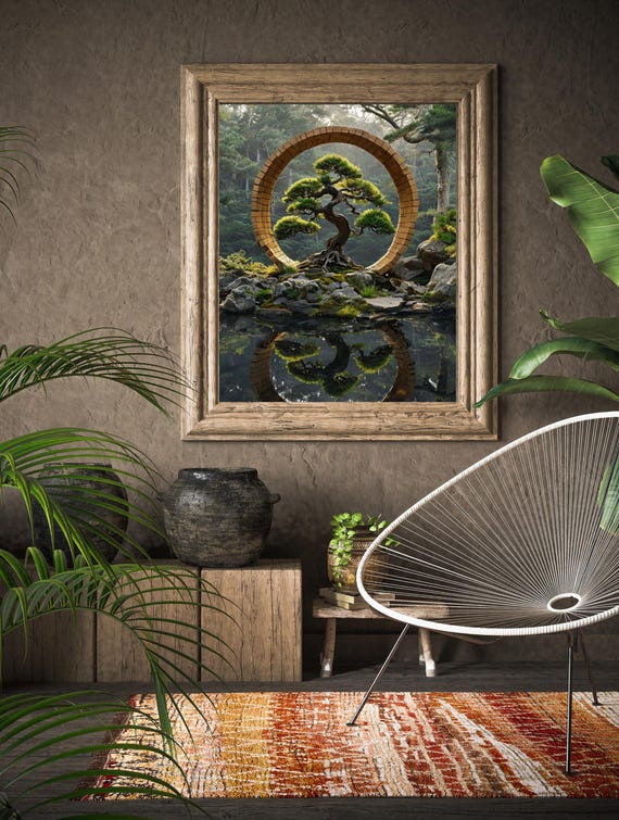 Bonsai Tree Wooden Moon Gate Pond Reflection Zen Garden Poster