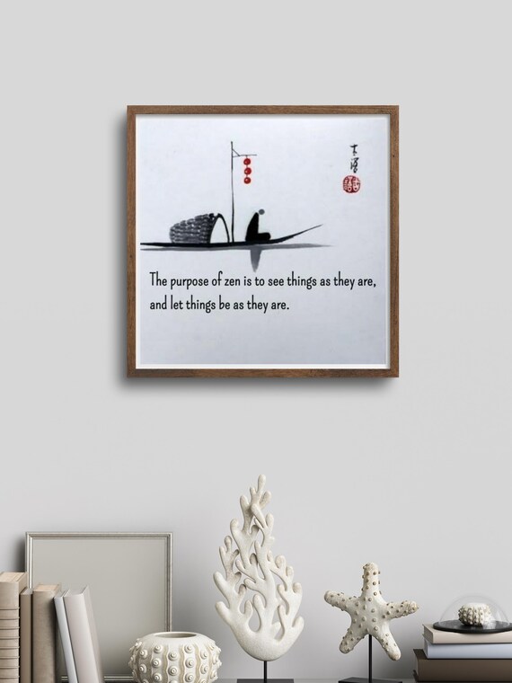 Zen Fisherman Boat Ink Painting Mindfulness Wisdom Quote Poster