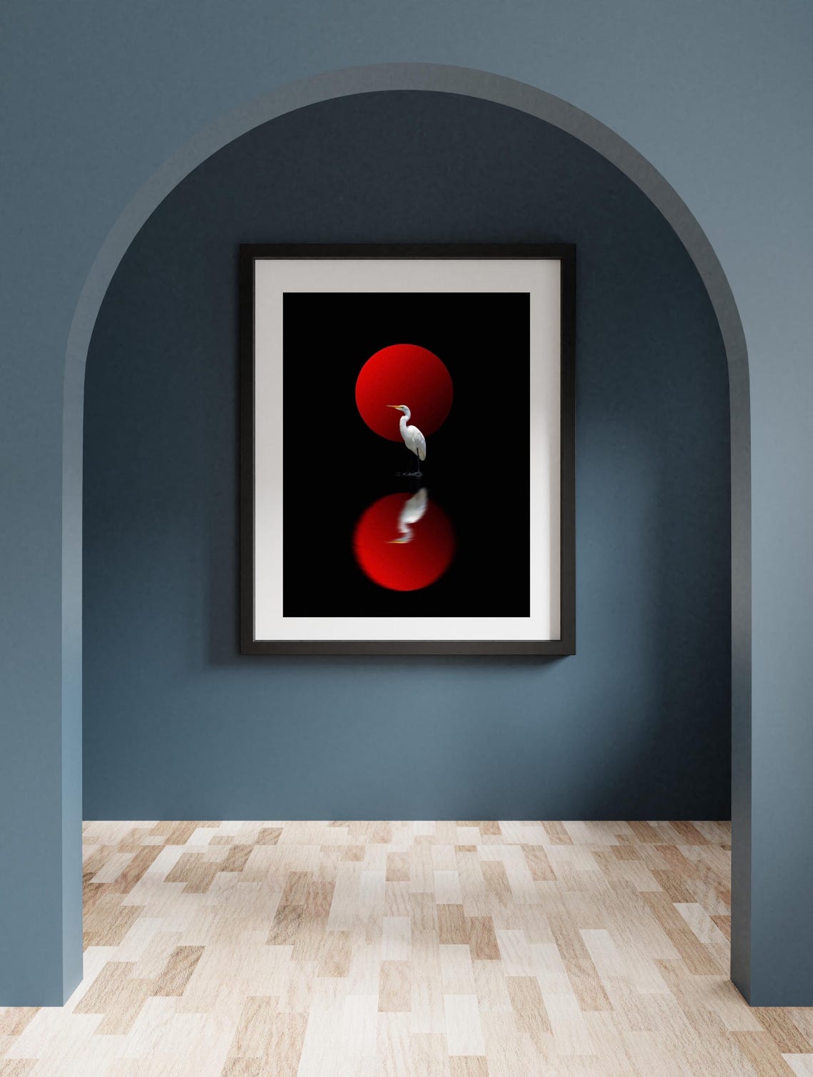 White Crane Before Red Sun Reflection Minimalist Japanese Poster