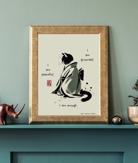 Zen Cat Sumi E Japanese Ink Affirmation Meditation Kimono Cat Poster
