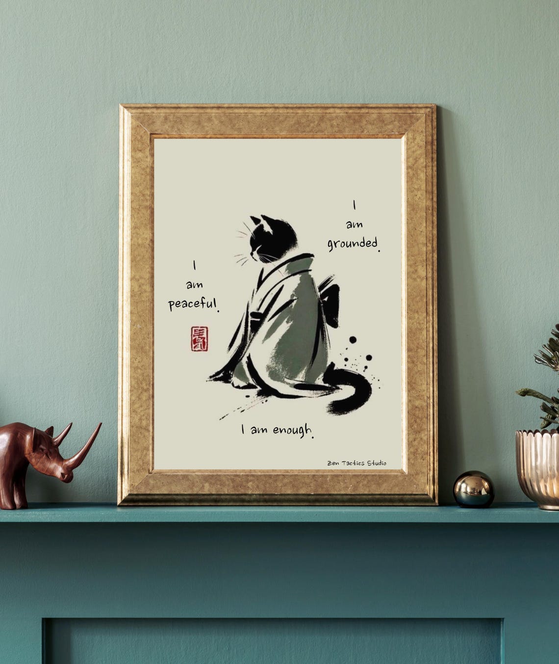 Zen Cat Sumi E Japanese Ink Affirmation Meditation Kimono Cat Poster