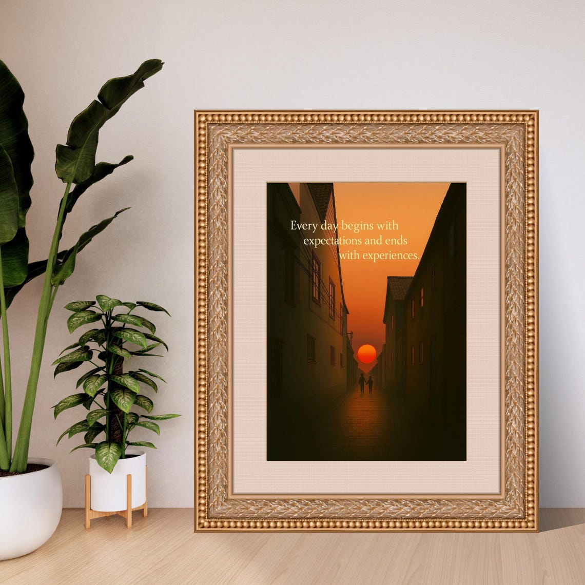 Sunset Alley Glowing Orange Sky Expectations Experiences Quote Poster
