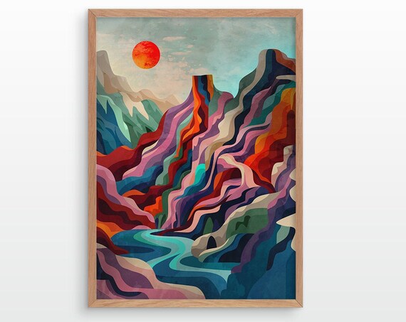 Setting Sun Over Canyon Landscape Art Print
